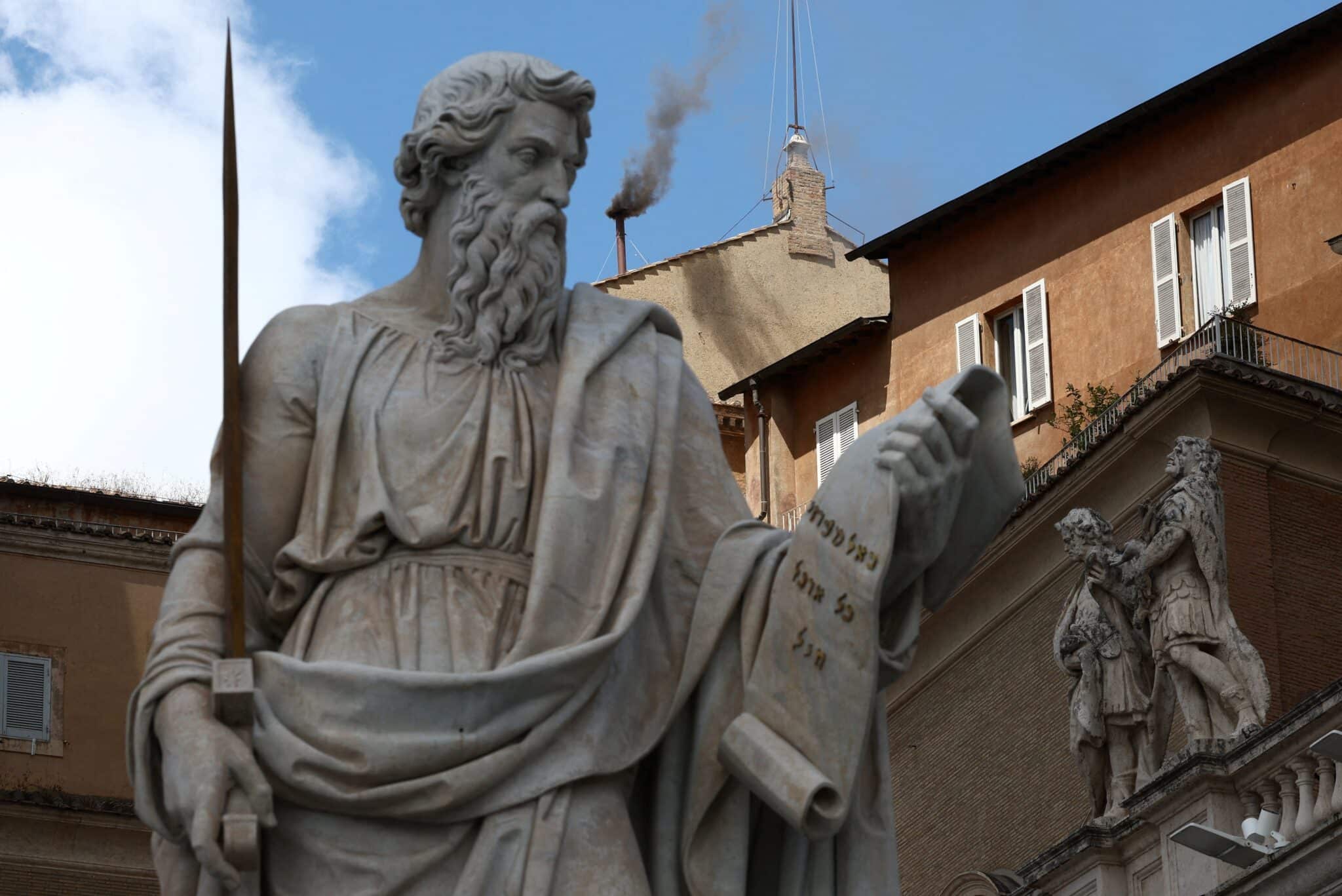 Black smoke billows from the chimney on the Sistine Chapel May 8, 2025, on the second day of the conclave.