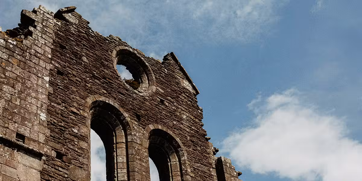 church in ruins, broken stone walls