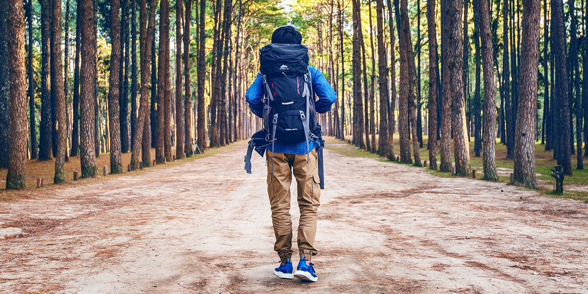 man hiking in a forest carrying a bag pack