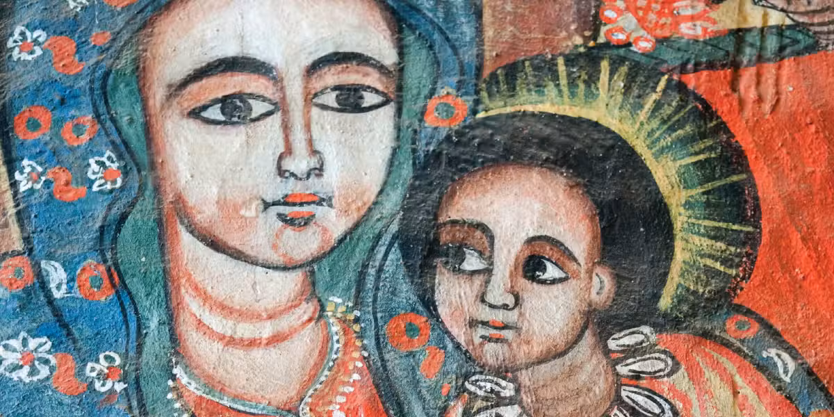 a painting of a Mary and Jesus