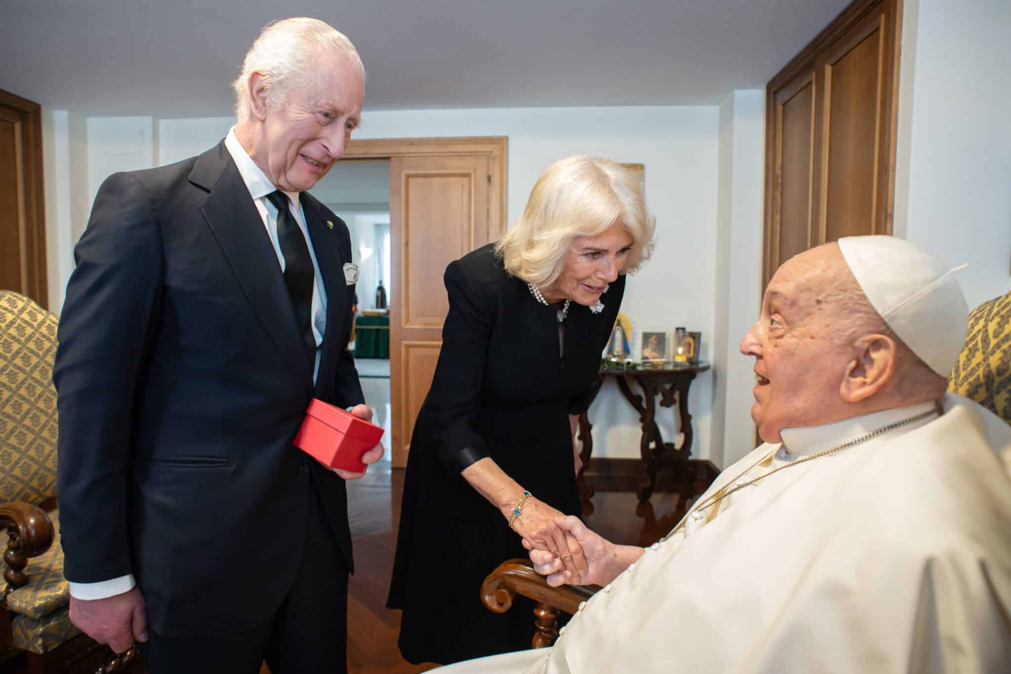 Britain’s King Charles III and Queen Camilla greet Pope Francis during a visit at the Vatican April 9, 2025