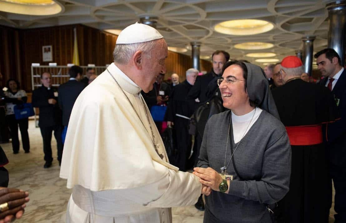 Salesian Sister Alessandra Smerilli, secretary of the Dicastery for Promoting Integral Human Development, is pictured meeting the pope at the Vatican in an undated photo. Pope Francis named Sister Alessandra to her post in 2021, first as undersecretary then as secretary. Formerly Argentine Cardinal Jorge Mario Bergoglio, the pope died April 21, 2025, at age 88. (CNS photo/Vatican Media, courtesy Dicastery for Promoting Integral Human Development)